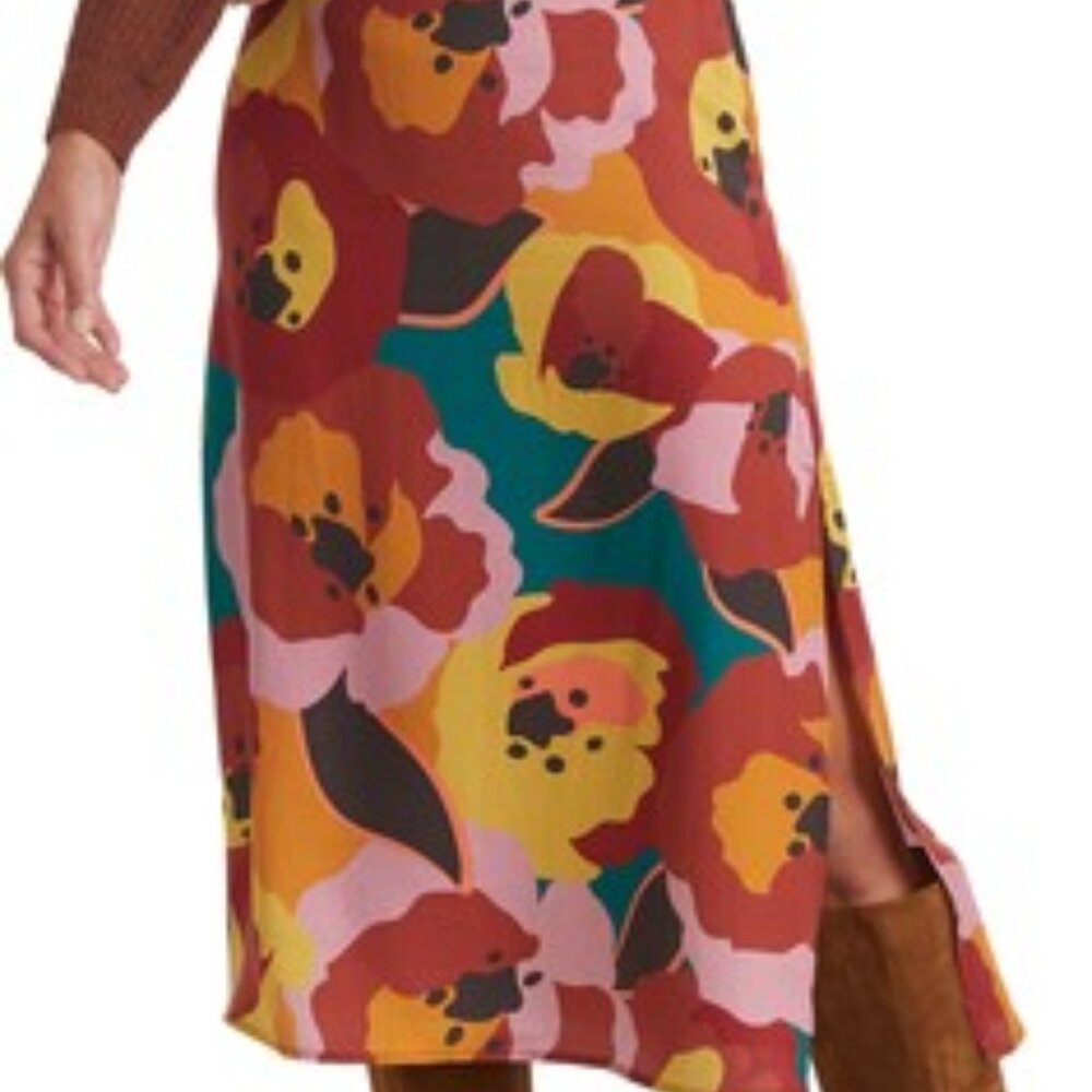 Marine Layer Floral Midi Skirt in Red, Yellow, Pink, Teal & Brown